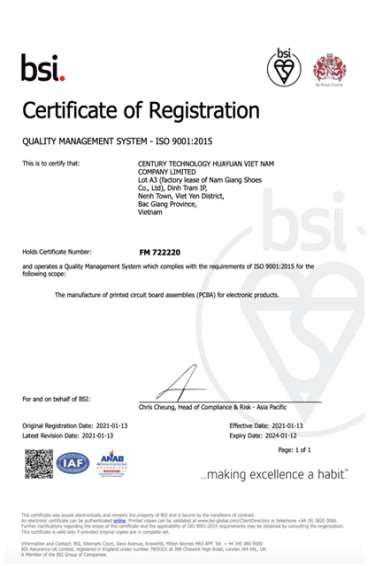 Vietnam manufacturing ISO 9001 certificate document